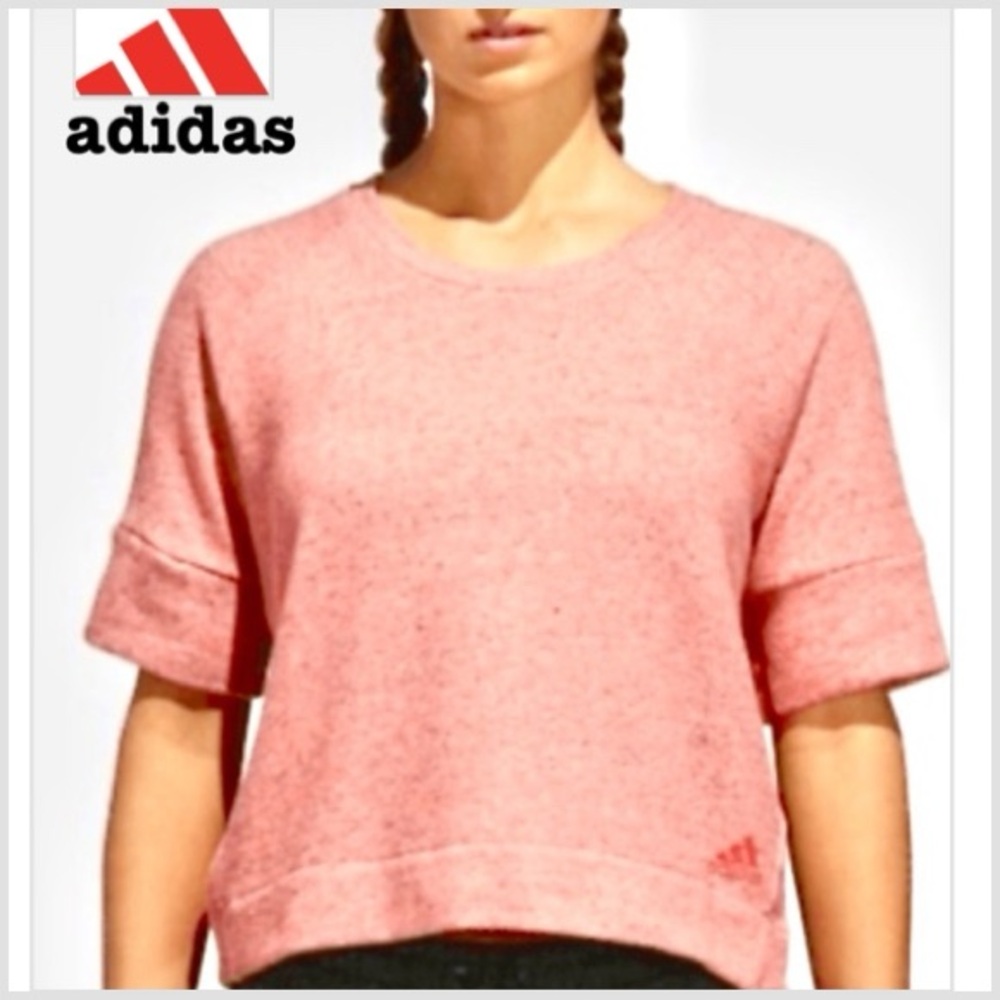NWT Adidas Women’s Shirt Sleeve SweatShirt with High-Low Hem, Coral-Rose, XL